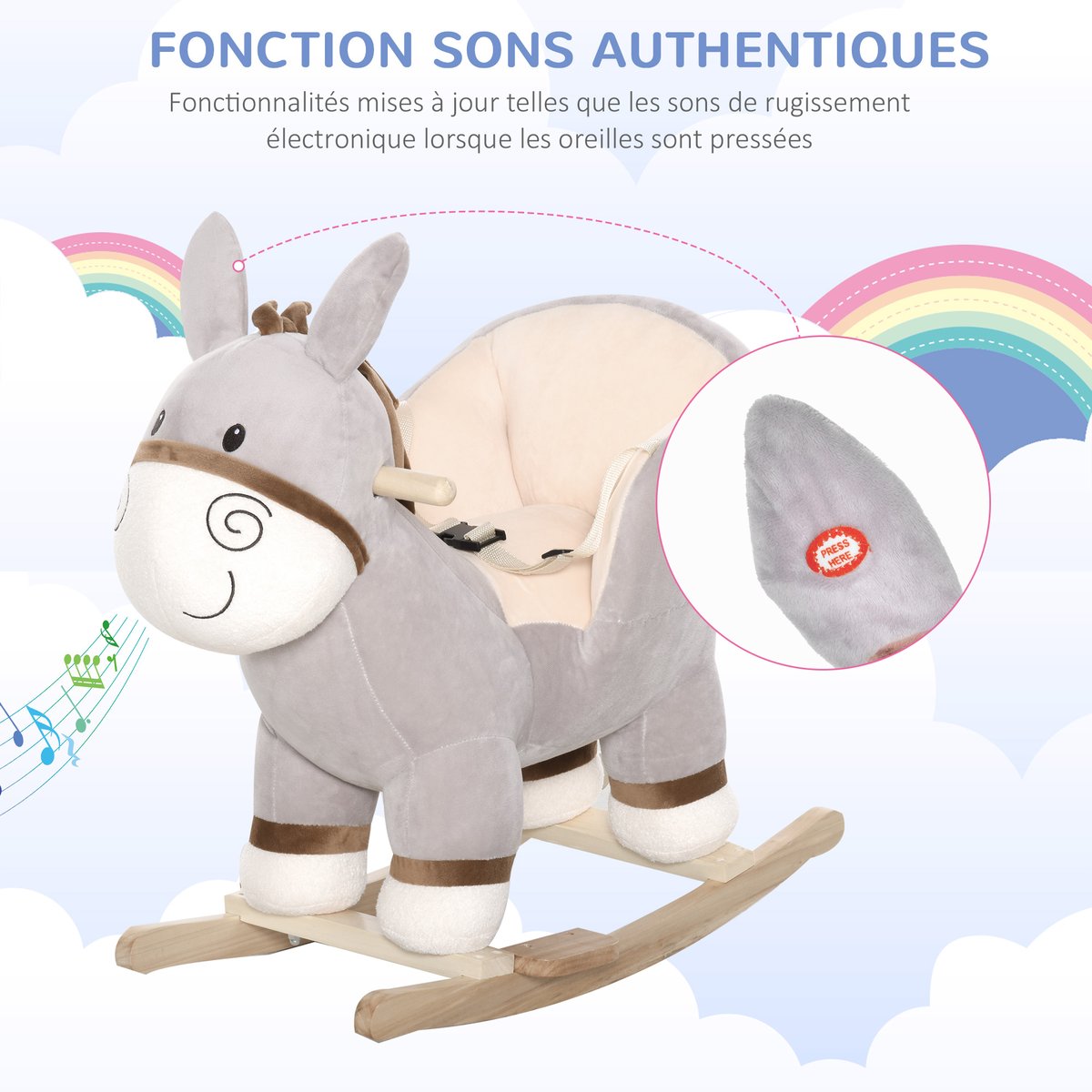 Cheval à bascule pour enfants Bois peuplier gris, HOMCOM
