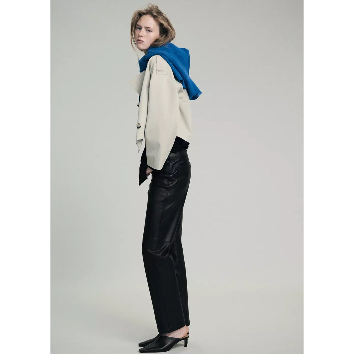 Pantalon droit en cuir noir, MANGO