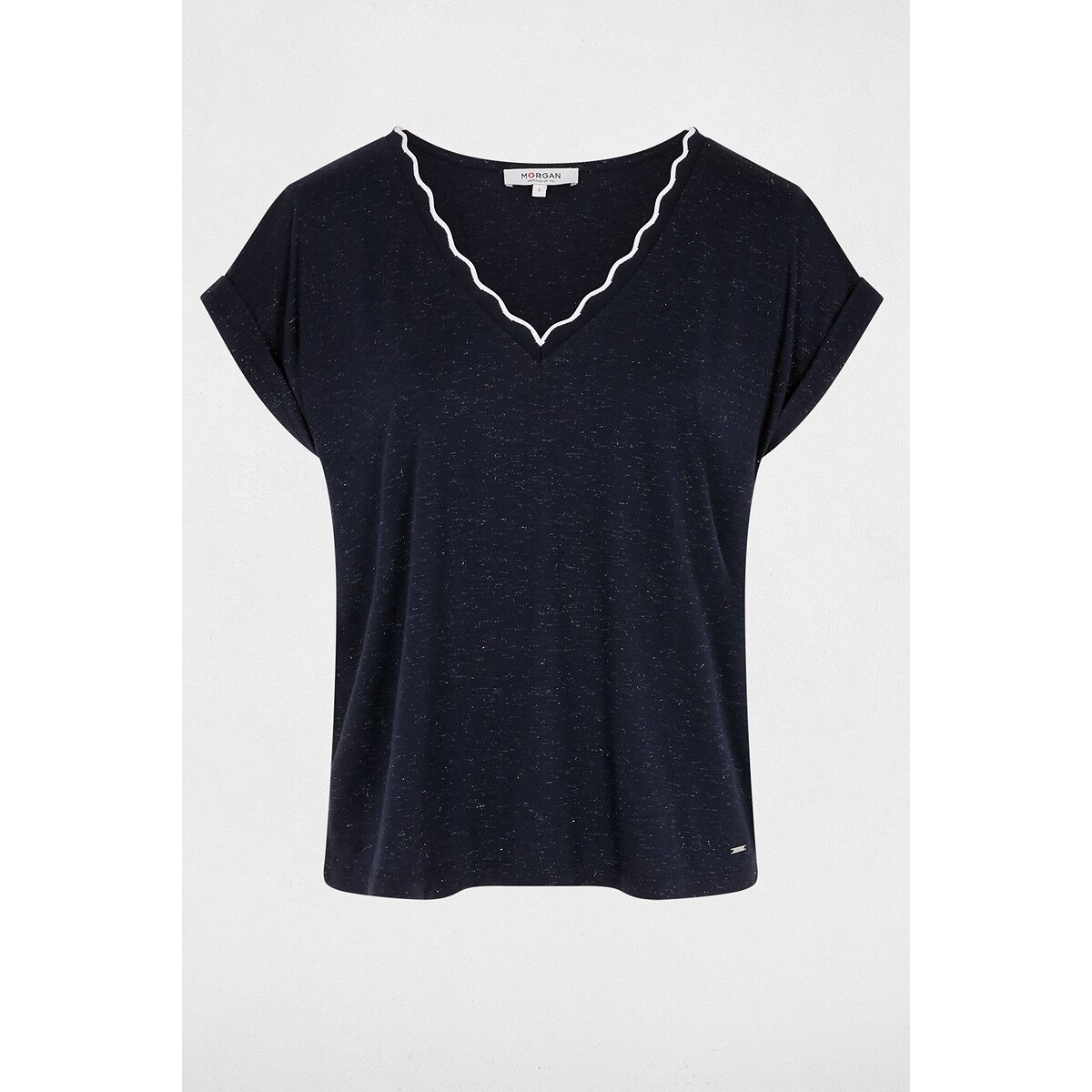 Tee shirt col v manches courtes bleu marine, MORGAN