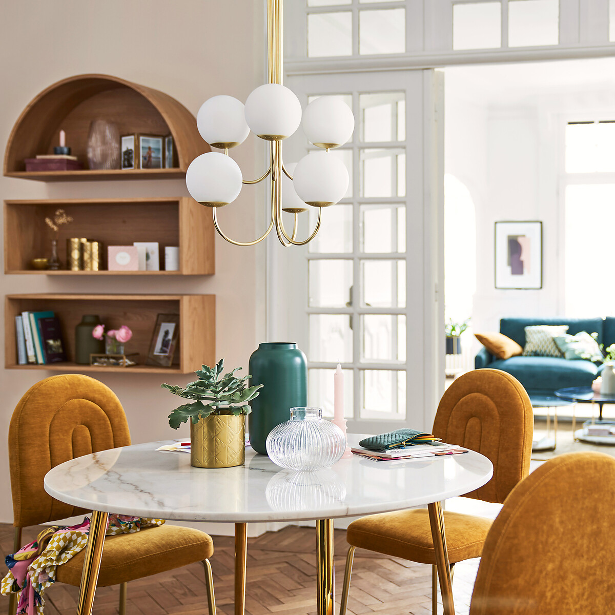 Suspension laiton et verre opaline, 6 globes, MORICIO blanc, LA REDOUTE INTERIEURS