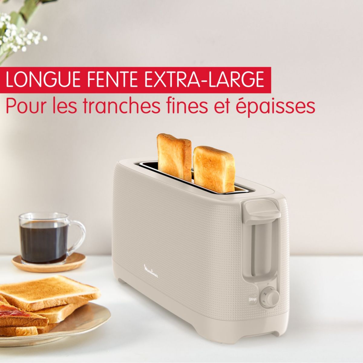 Grille-pain LS2M0B10 morning gris 1 longue fente couleur unique, MOULINEX