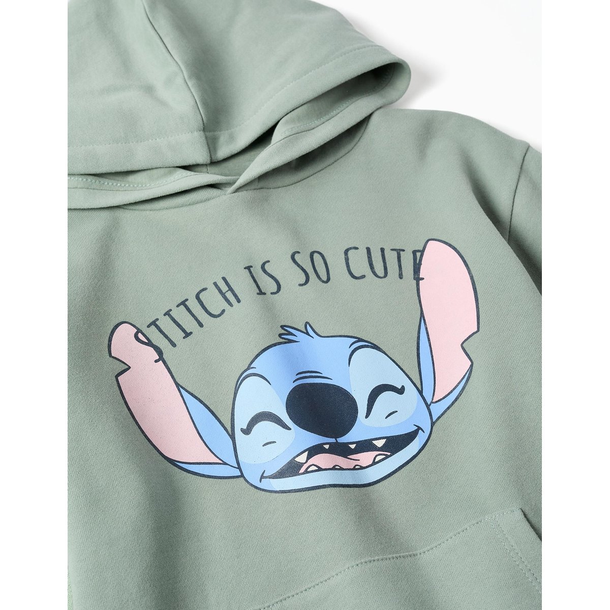 Robe sweat en coton peigné à capuche et imprimé Stitch vert, ZIPPY