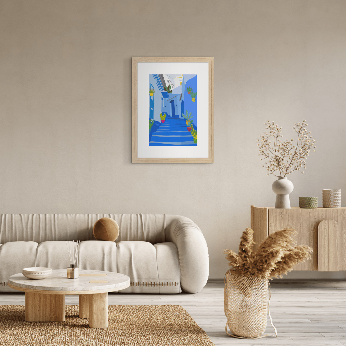 Affiche encadrée Ruelle, cadre en chêne, 30x40cm bleu-bois massif fsc, CEANOTHE