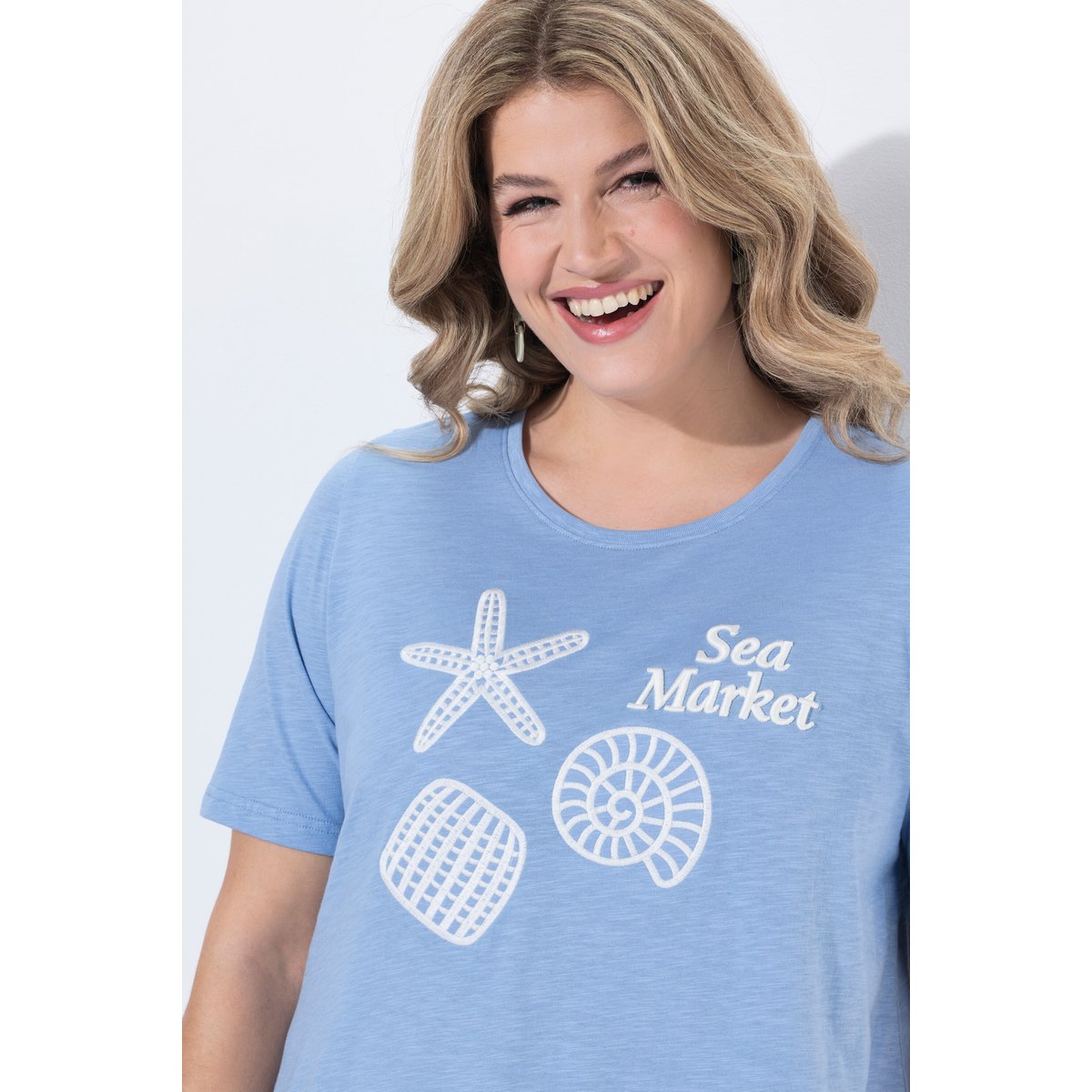 T-shirt en coton bio, motif Sea Market bleu pigeon, ULLA POPKEN