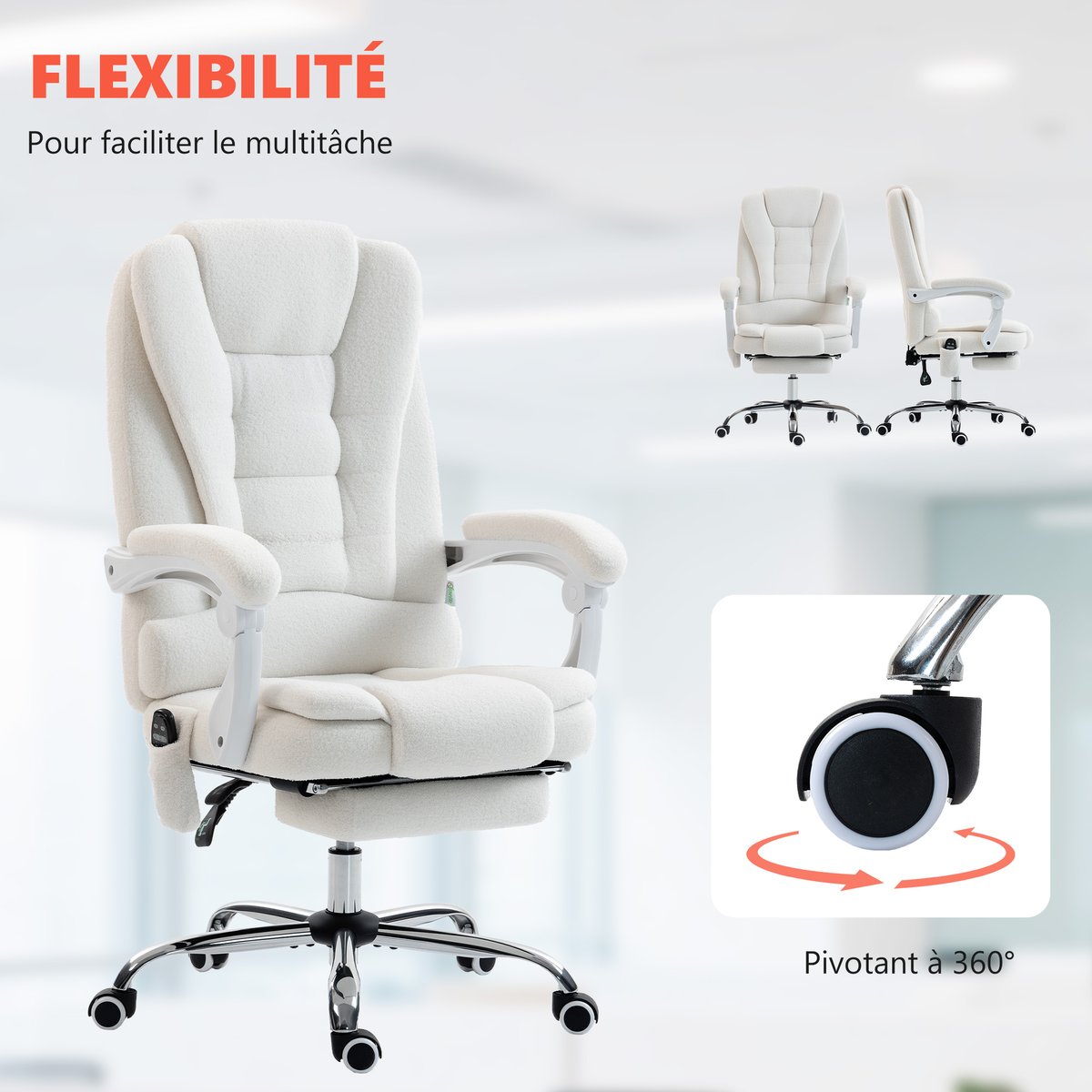 Fauteuil de bureau avec fonction massage Lin blanc, HOMCOM
