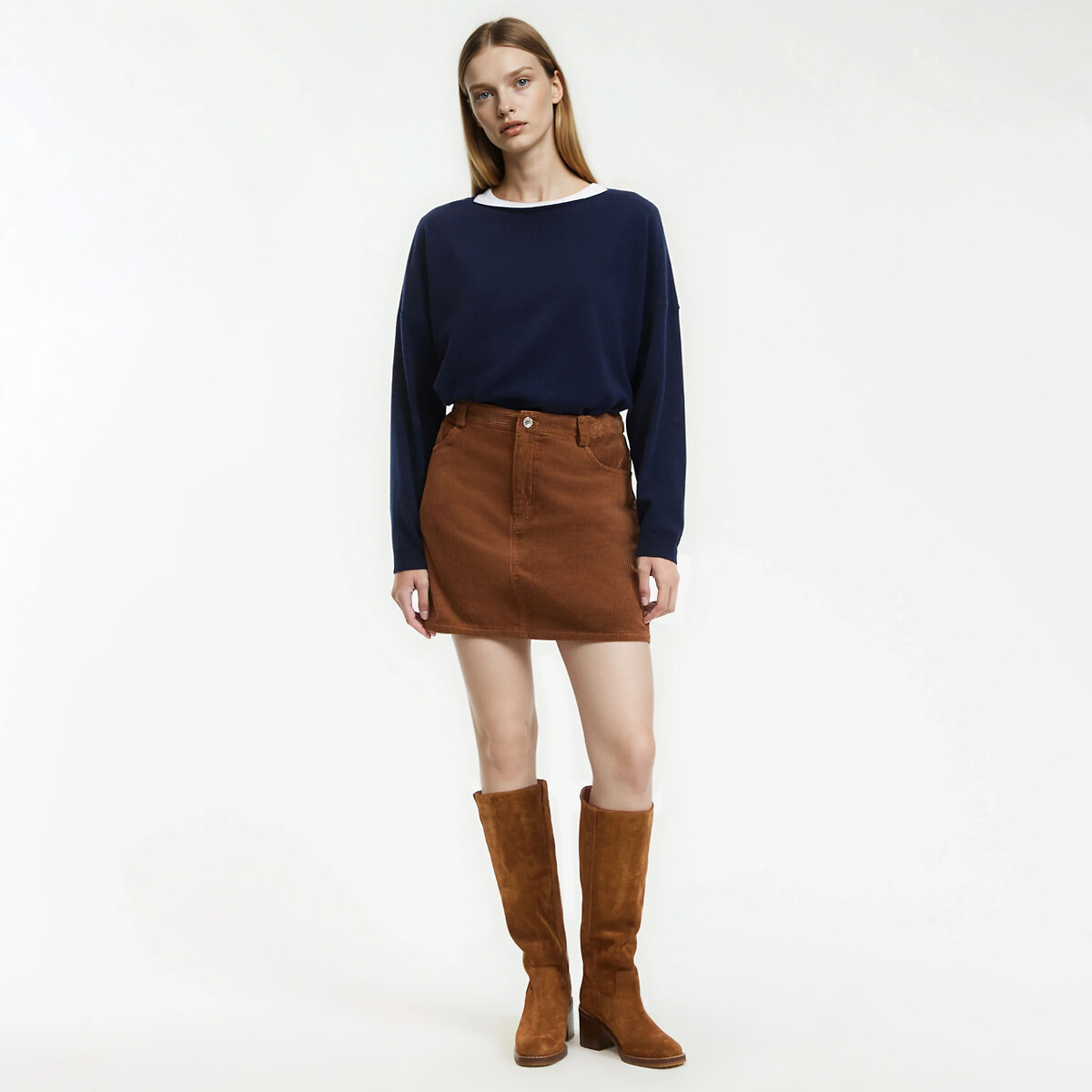 Jumper in Fine Cashmere Knit with Boat Neck navy blue, LA REDOUTE COLLECTIONS