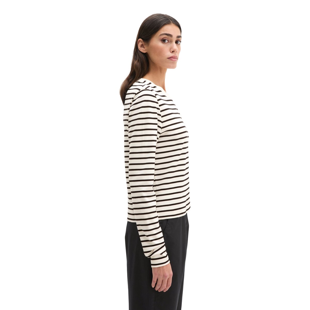T-shirt rayé relaxed en jersey interlock léger blanc, MARC O'POLO