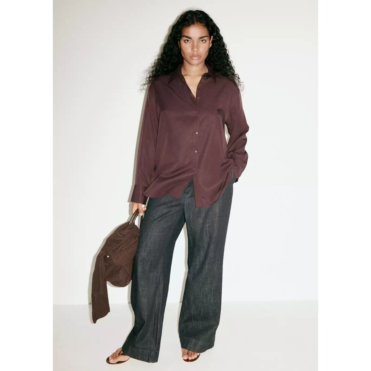 Chemise droite en lyocell marron, MANGO