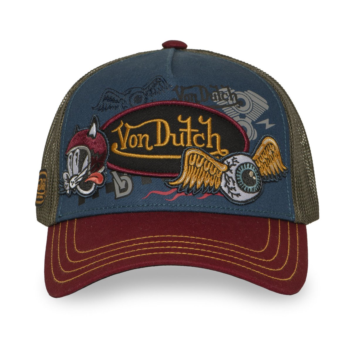 Casquette Trucker Patches bordeaux/bleu foncé/kaki foncé, VON DUTCH