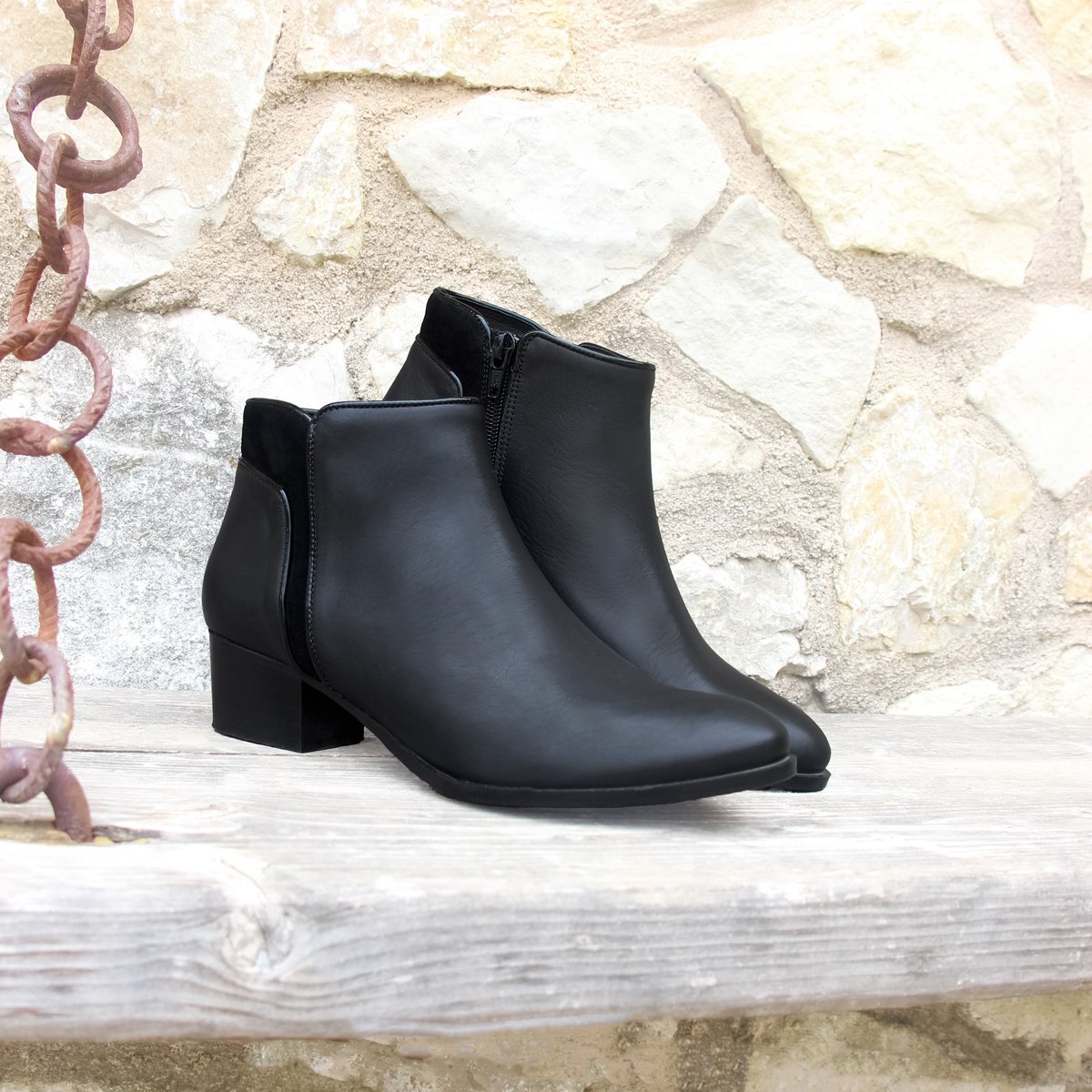 Bottine moyen talon cuir lisse noir, JULES & JENN