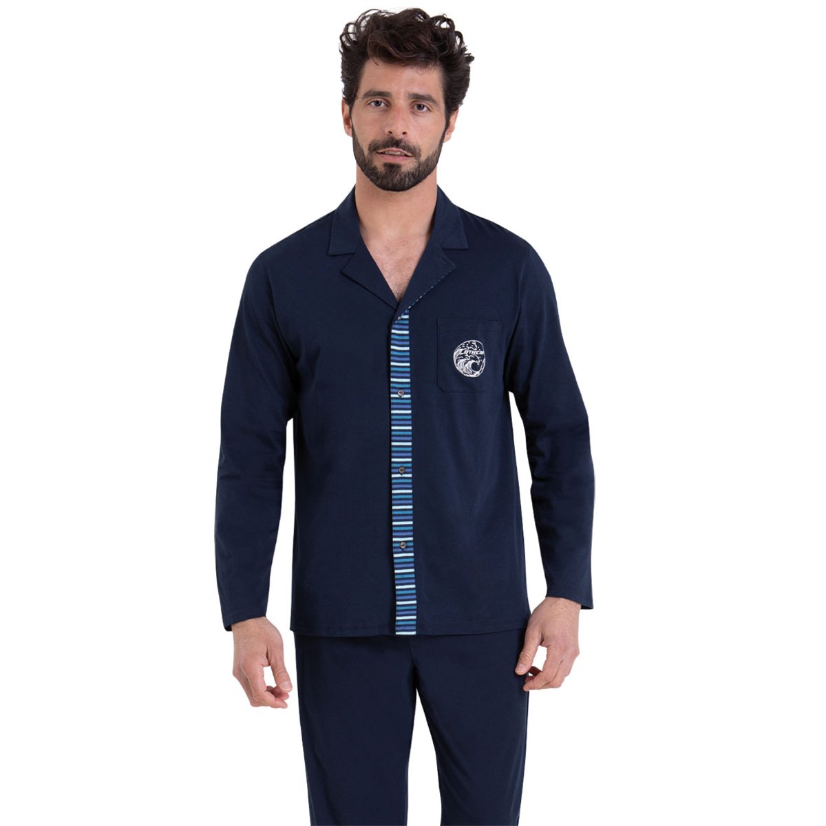 Pyjama long col chemise en coton bleu + marine, ATHENA