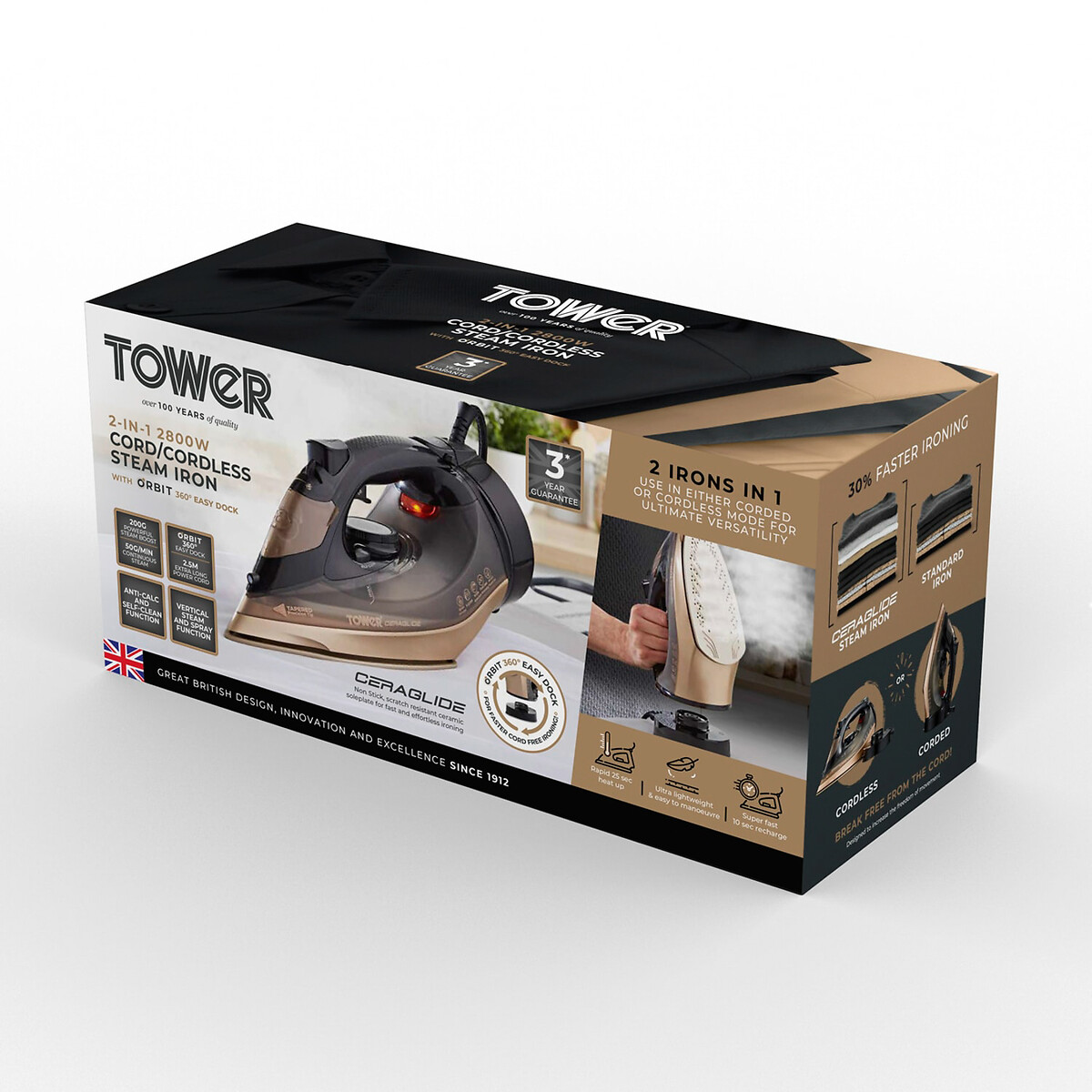 CeraGlide 360 Cord/Cordless Steam Iron with Rapid Heat-Up and Recharge - T22022 black/gold, TOWER
