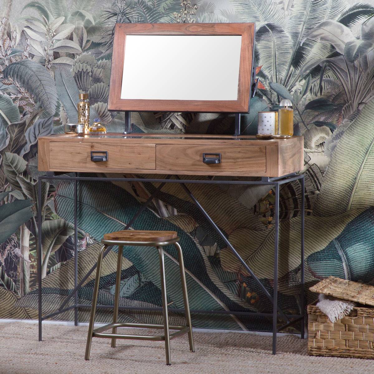 Tabouret en métal et bois massif MARCUS gris, MADE IN MEUBLES