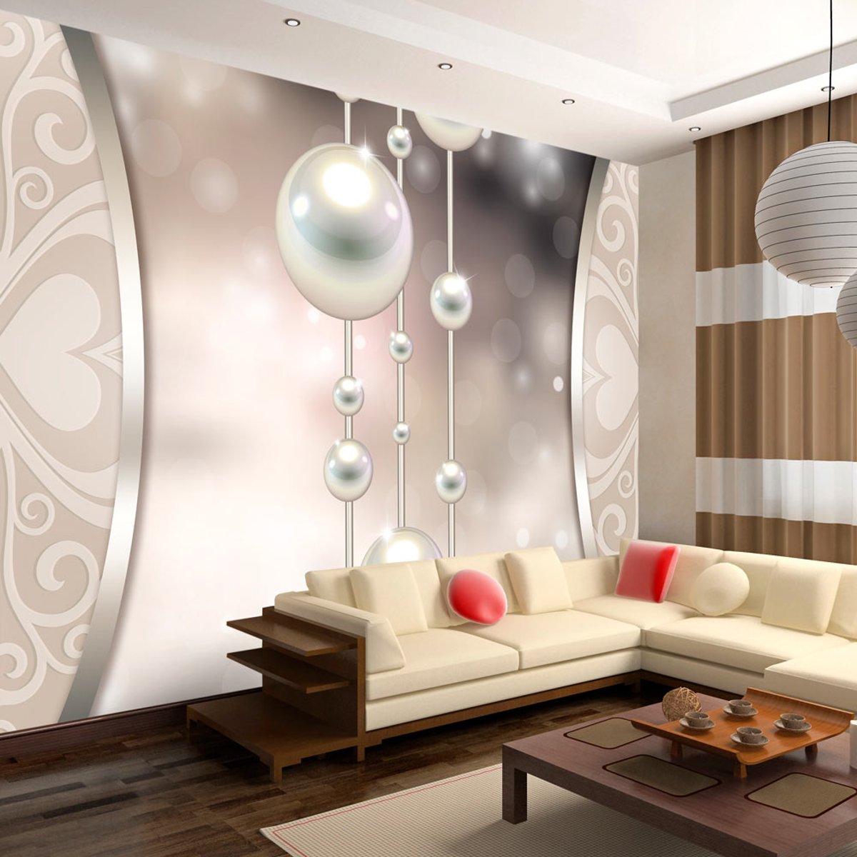 Papier peint intissé panoramique Abstractions String of pearls beige, EDEN