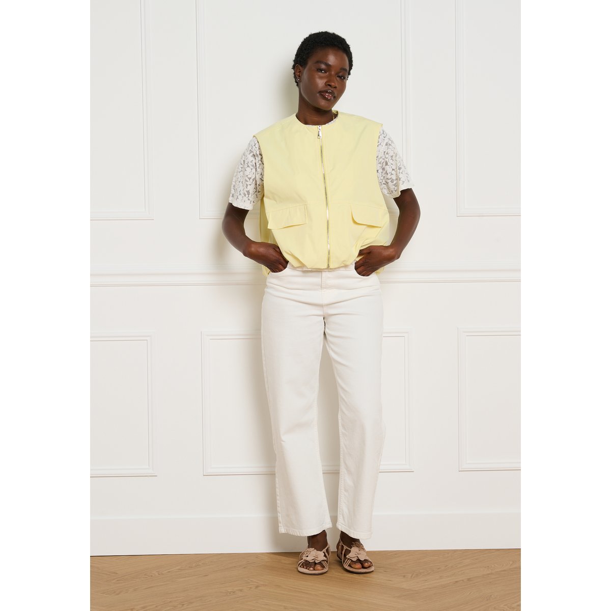 Veste sans manches zippée jaune pastel, LOLALIZA