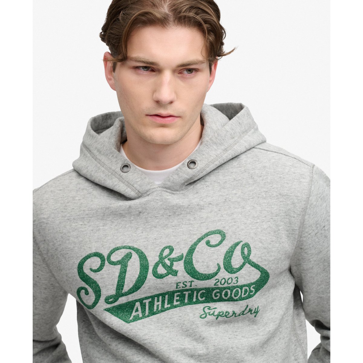 Sweat à capuche Vintage Script gris athlétique chiné, SUPERDRY