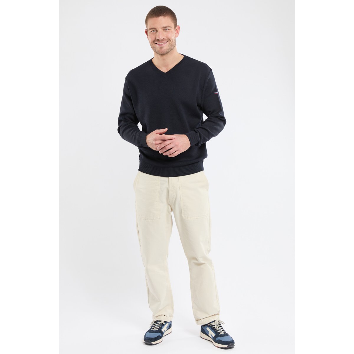 Pull col V en laine et acrylique rich navy, ARMOR-LUX