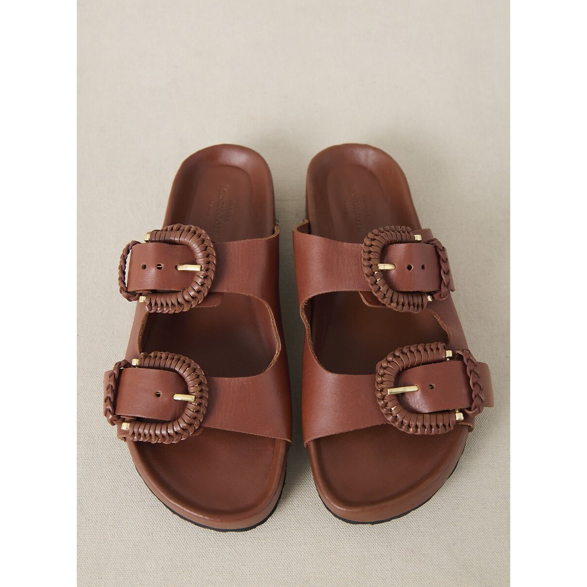 Cora Leather Flat Mules with Straps camel, PETITE MENDIGOTE