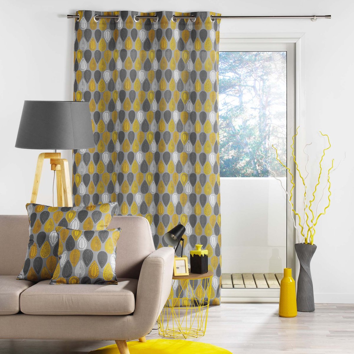 Rideau a oeillets polyester imprime Palpito jaune, anthracite, EDEN