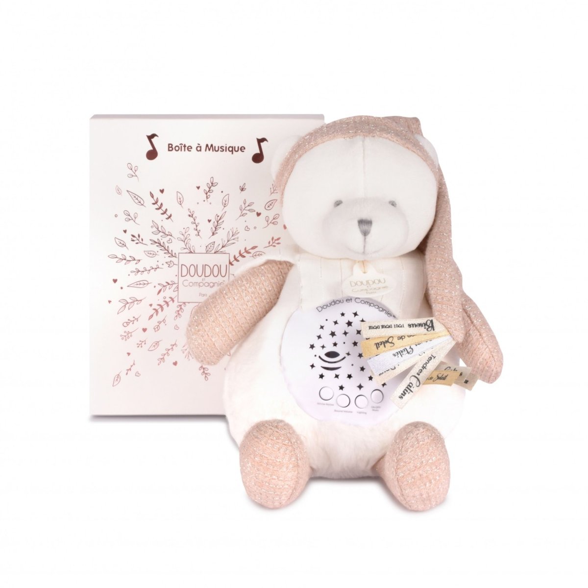 Veilleuse peluche musicale ours rose, DOUDOU ET COMPAGNIE