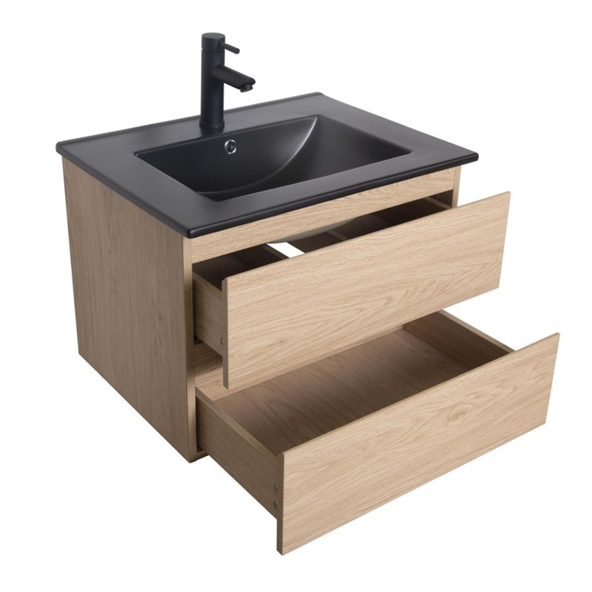 Meuble simple +vasque+robinet+miroir SORRENTO décor chêne (vasque noire), MOB IN