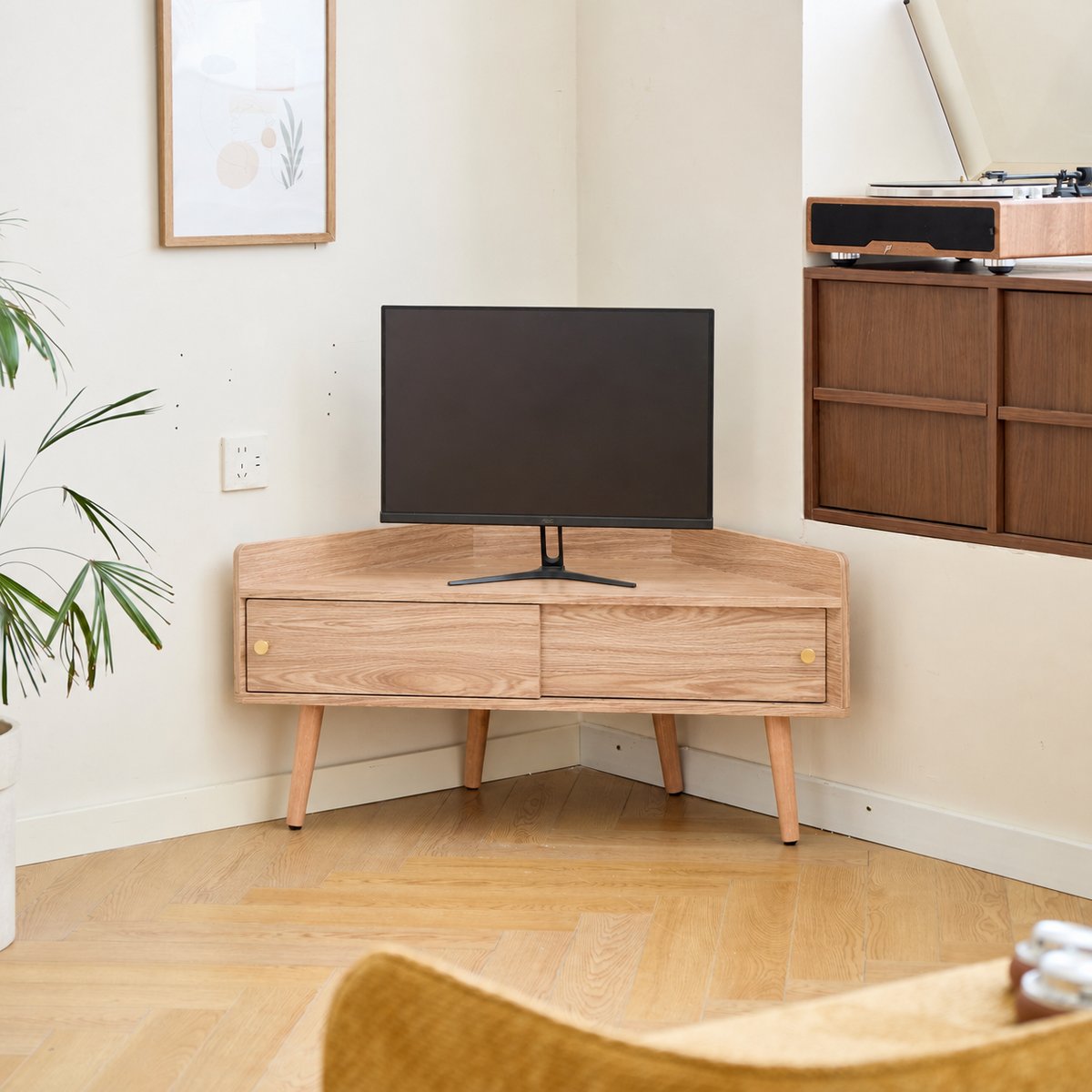Meuble TV d'angle 2 portes, bois, TORUN marron, NORDLYS