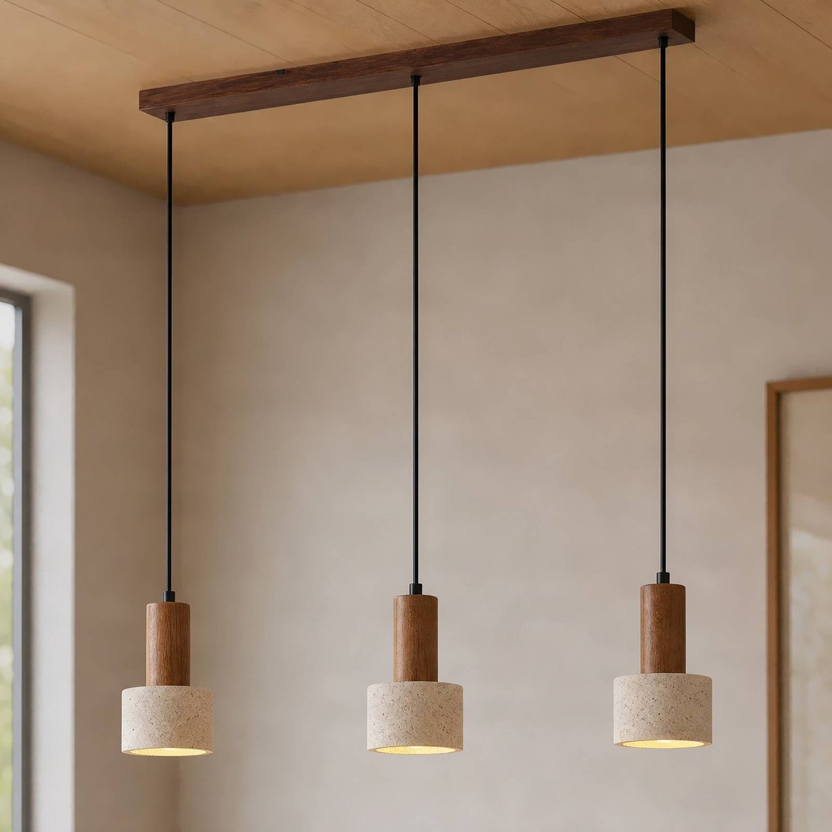 Suspension moderne, Carlotta beige, bois foncé, LUCANDE
