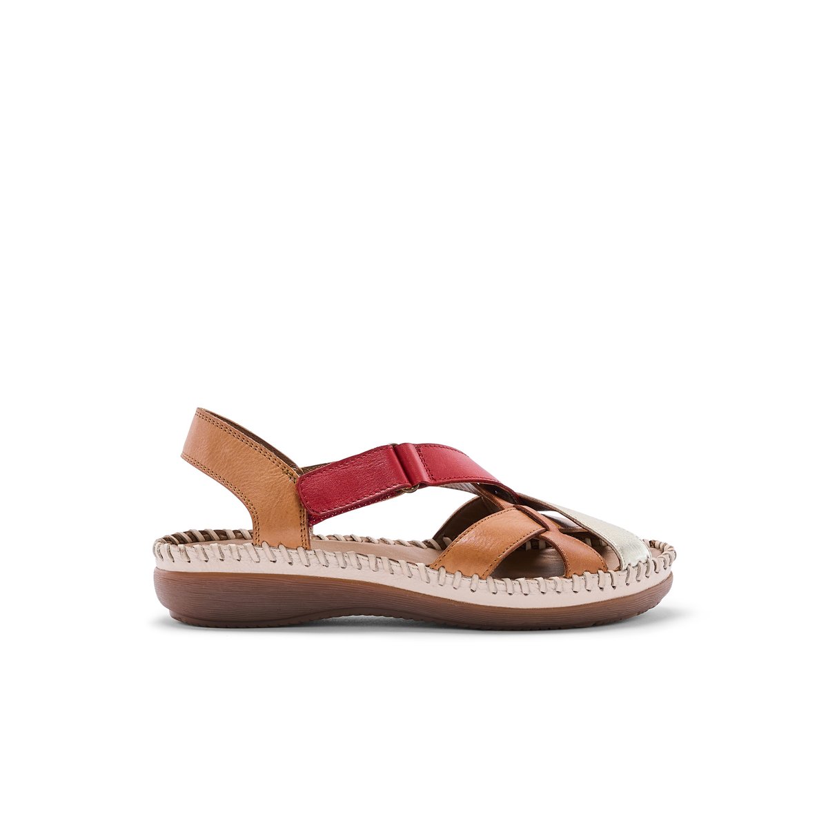 Sandales tout cuir à scratch camel multicolore, PEDICONFORT