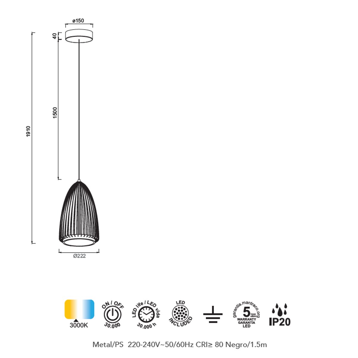 Suspension en métal design, D.22.2 , SMART noir, MANTRA