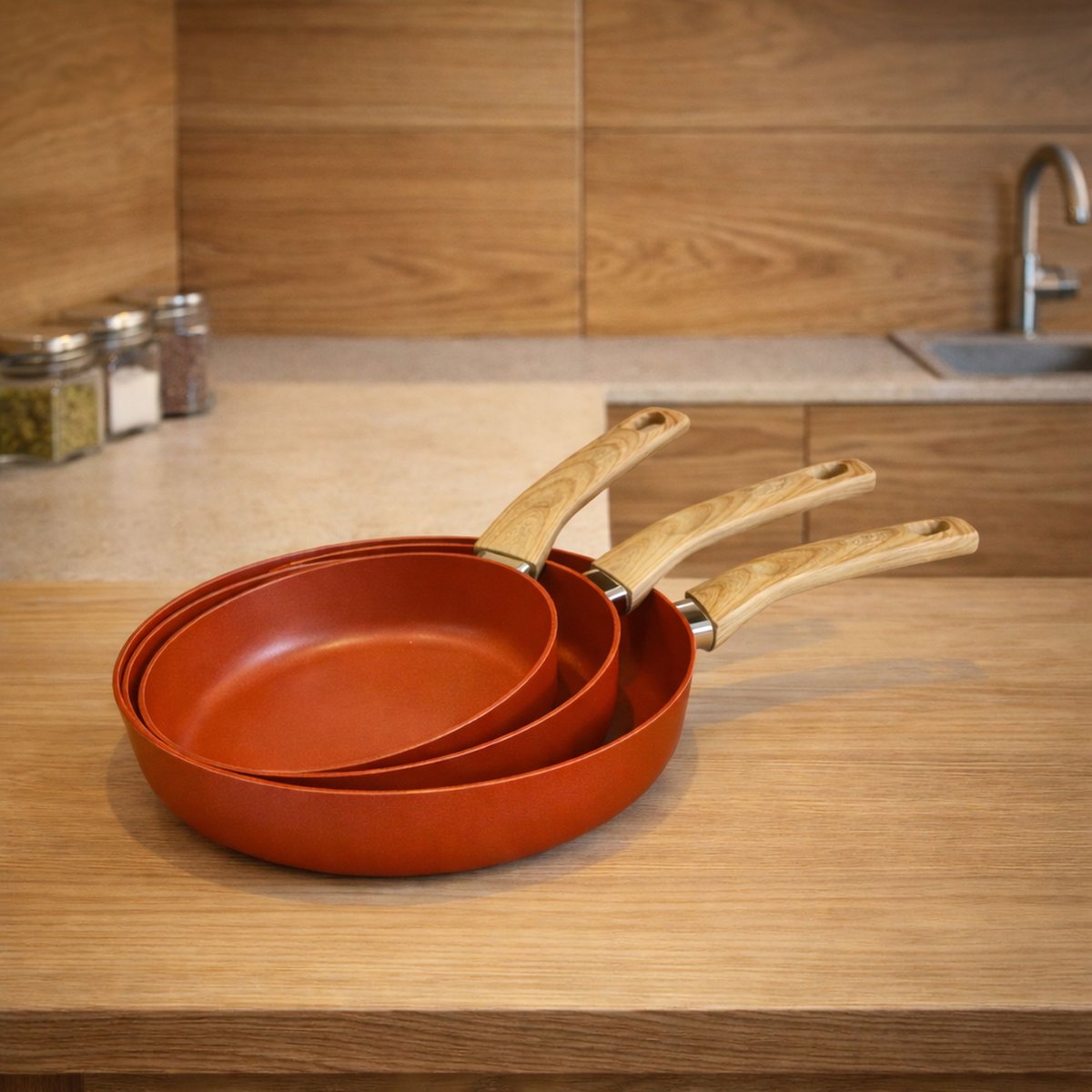 Set de 3 poêles en aluminium recyclé, COLORAMA brique, MENASTYL