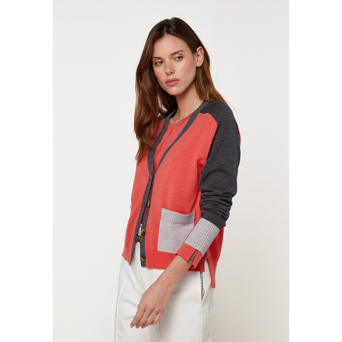 Gilet tricolore en laine mérinos orange corail, RODIER