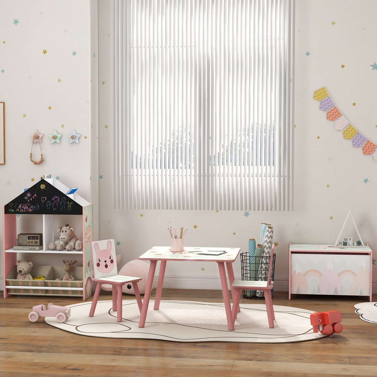 Ensemble table et chaises pour enfants MDF rose et motifs animaux, ZONEKIZ
