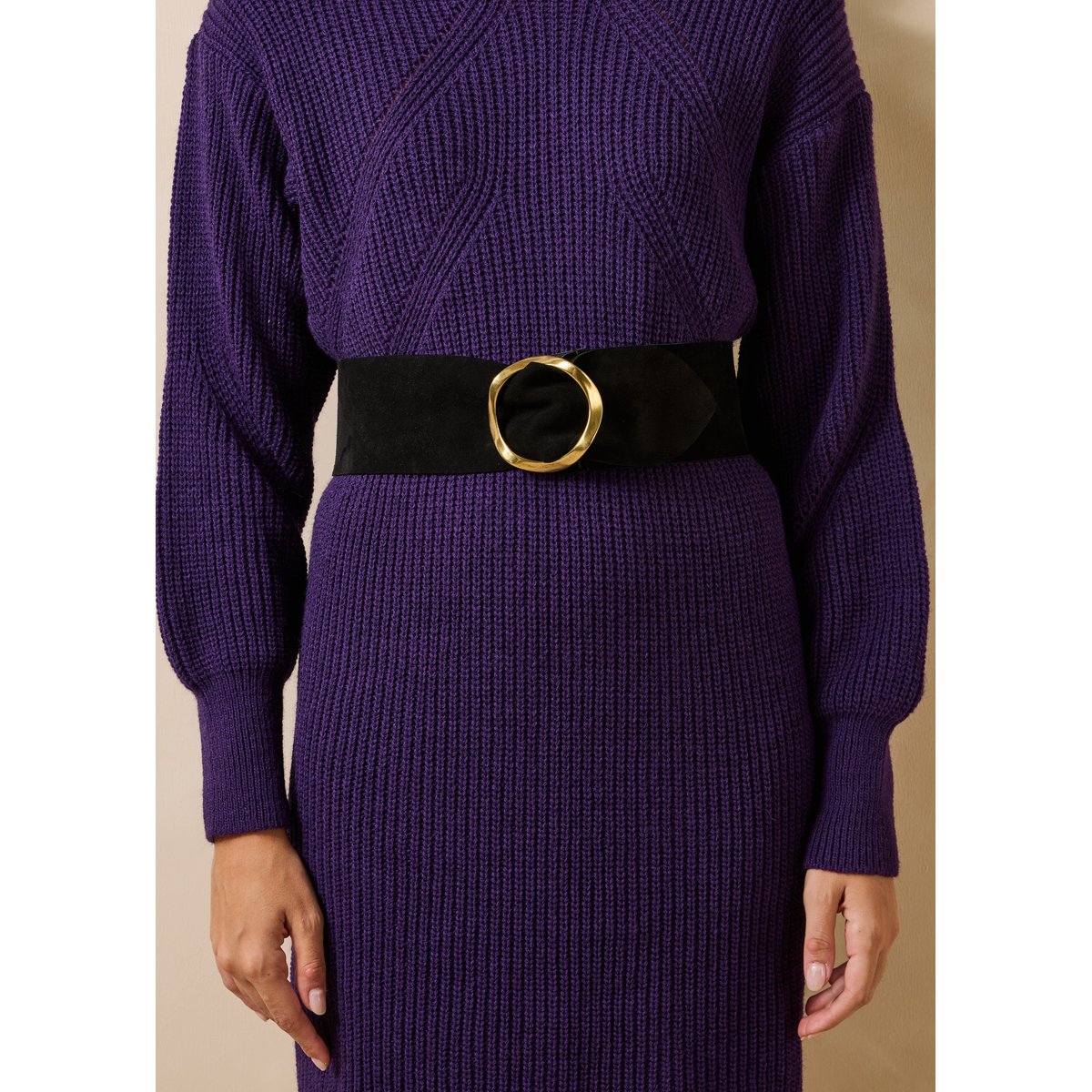 Ceinture large en cuir boucle ronde noir, LA FEE MARABOUTEE