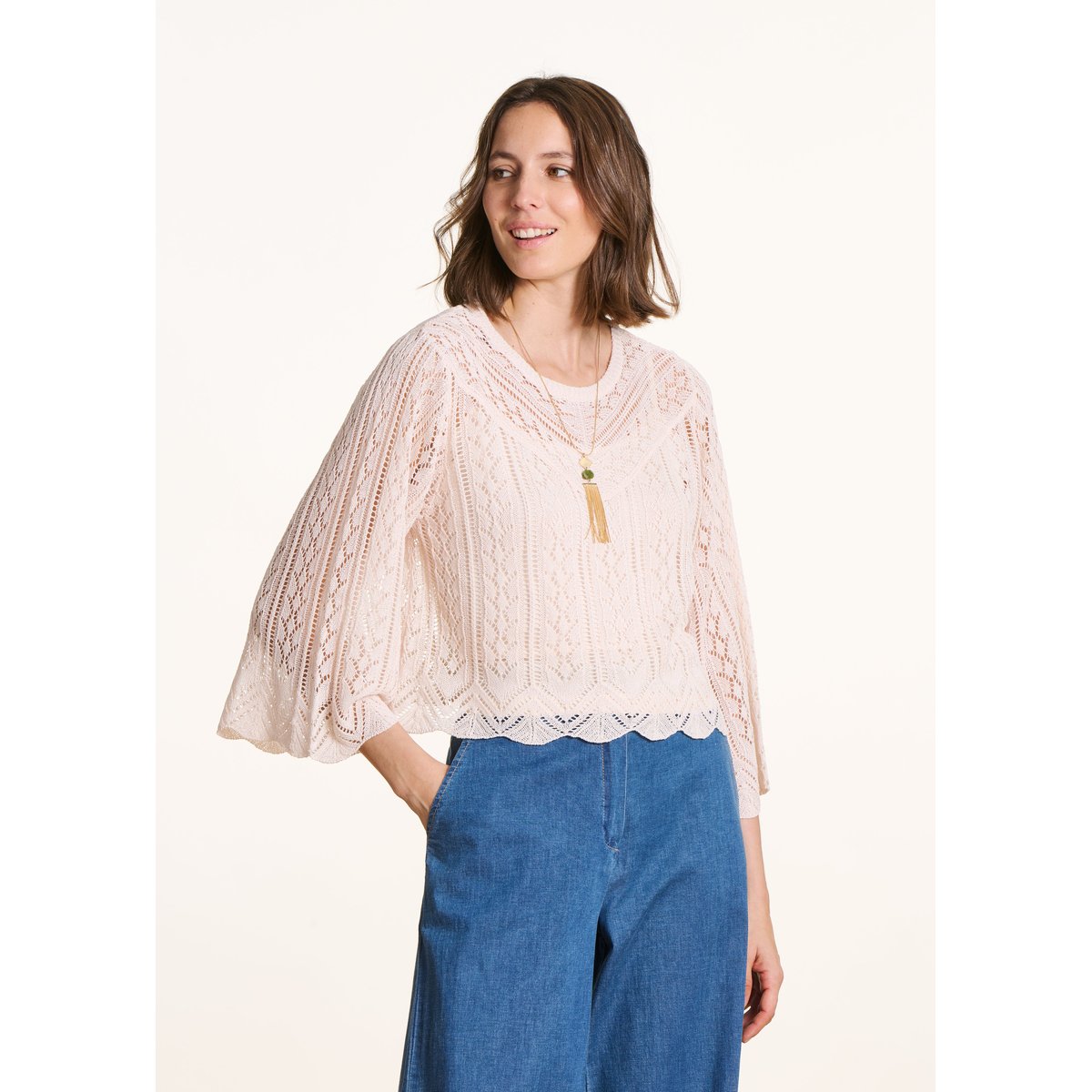 Pull court en maille fine ajourée ecru, LA FEE MARABOUTEE
