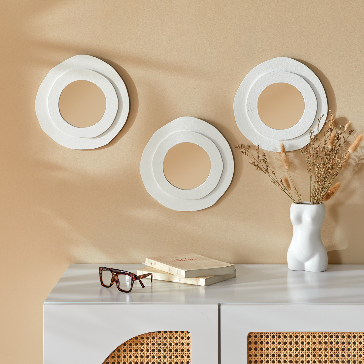 Lot de 3 miroirs ronds en bois EMILY blanc, ATMOSPHERA