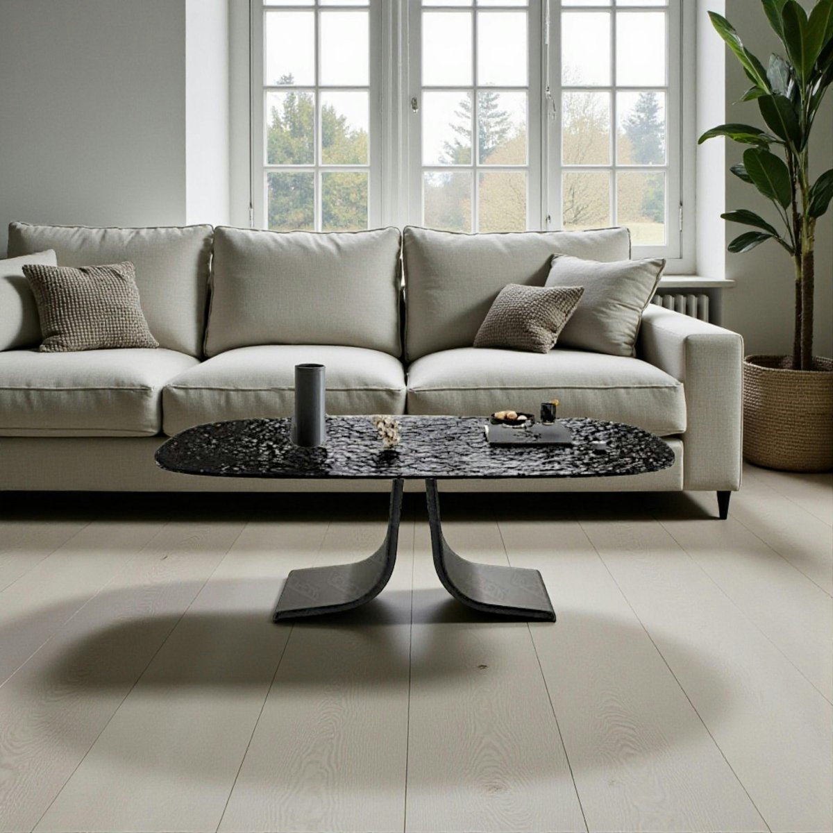 Table basse verre ondulé noir, pied ouvert LIGURIE noir, PIER IMPORT