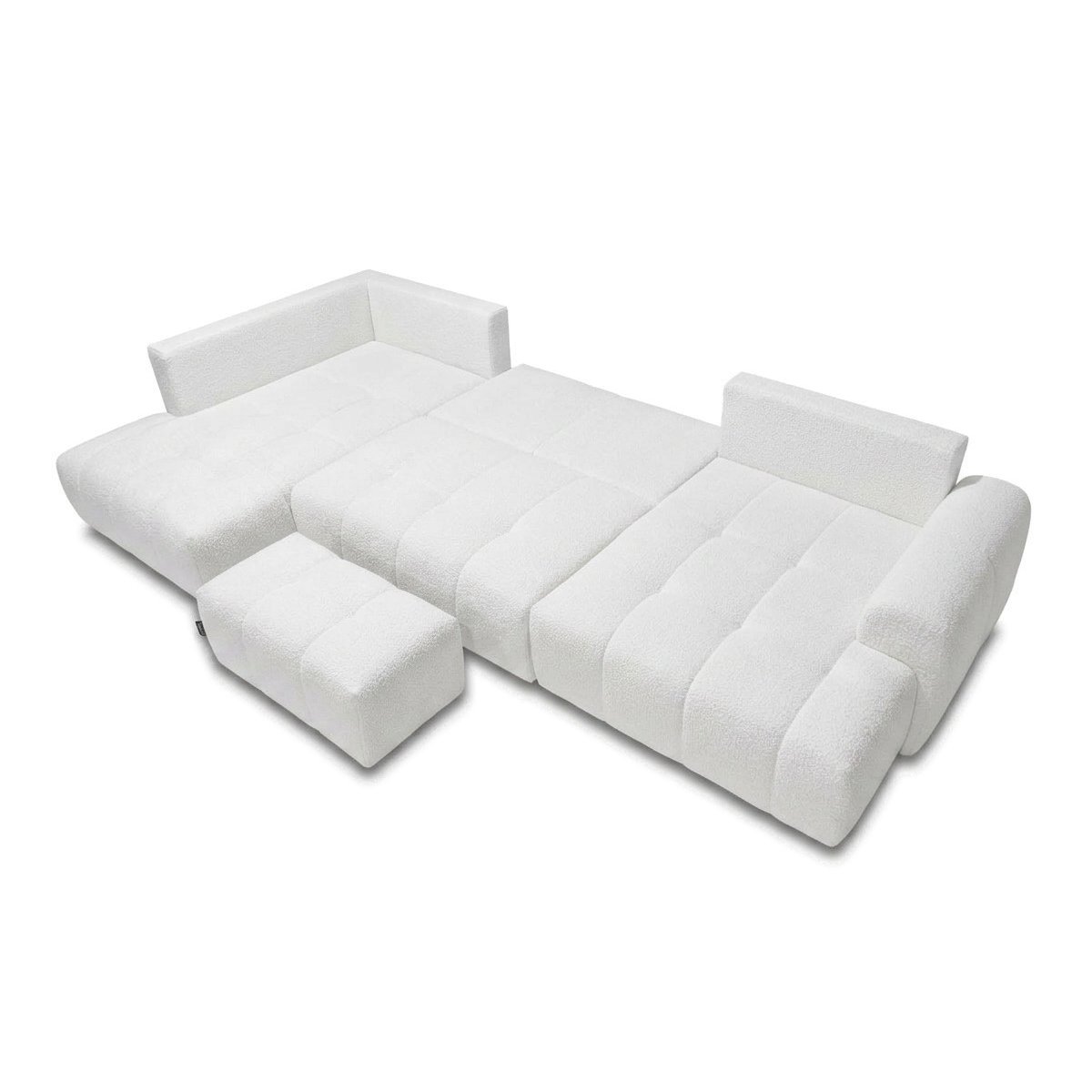 Canapé panoramique convertible 6 places en tissu bouclette avec pouf, ROXELANE blanc, BOBOCHIC