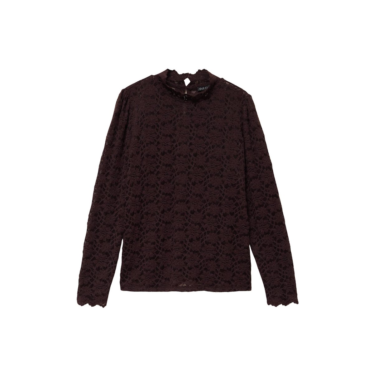 Blouse cintrée col montant dentelle marron foncé, BREAL