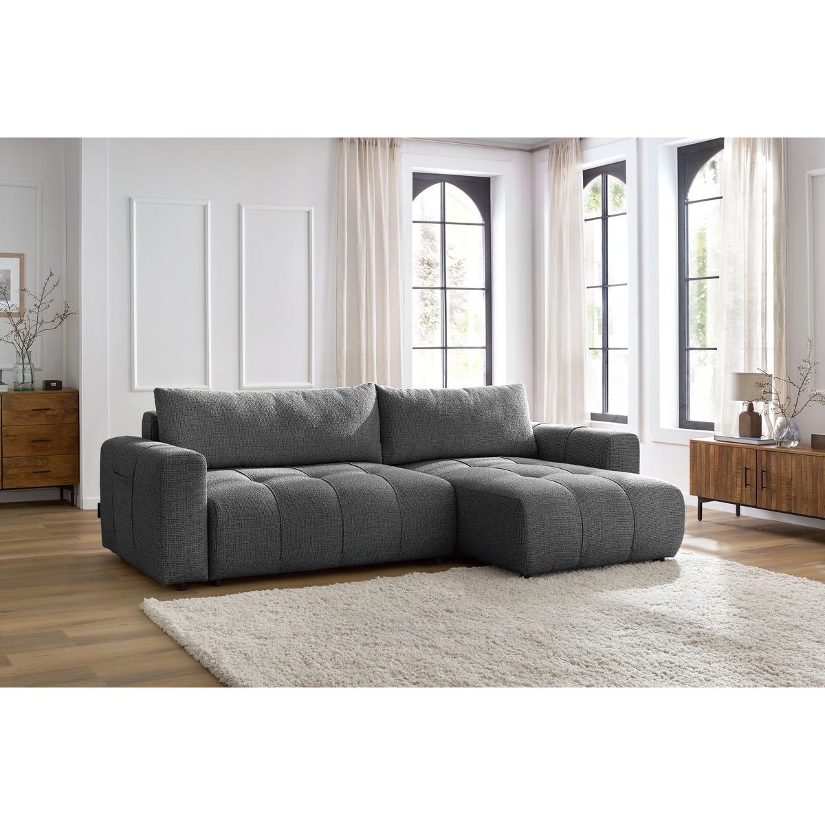 Canapé d'angle convertible 3 places en tissu chiné, ARSENE gris foncé, BOBOCHIC