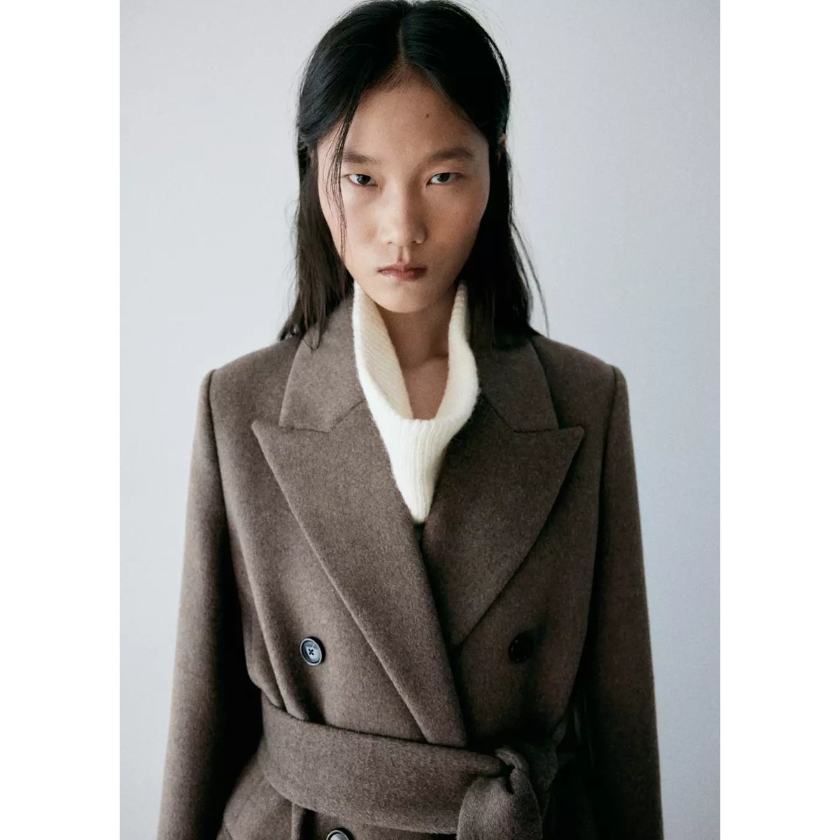 Manteau laine ceinture marron moyen, MANGO