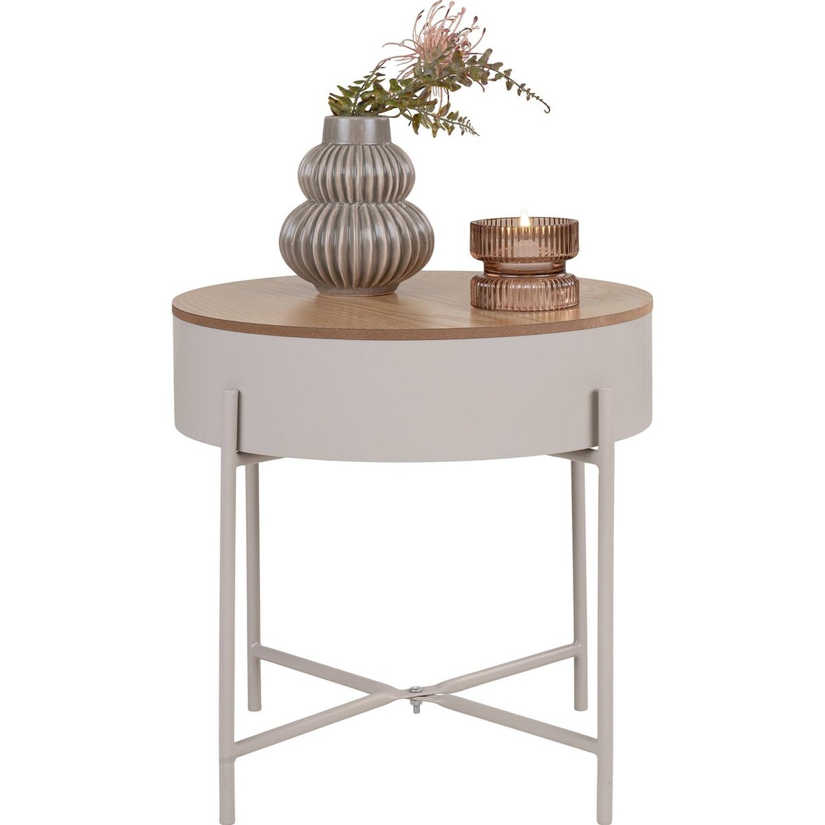 Table basse ronde métal avec rangement beige clair et chêne, RECOLLECTION