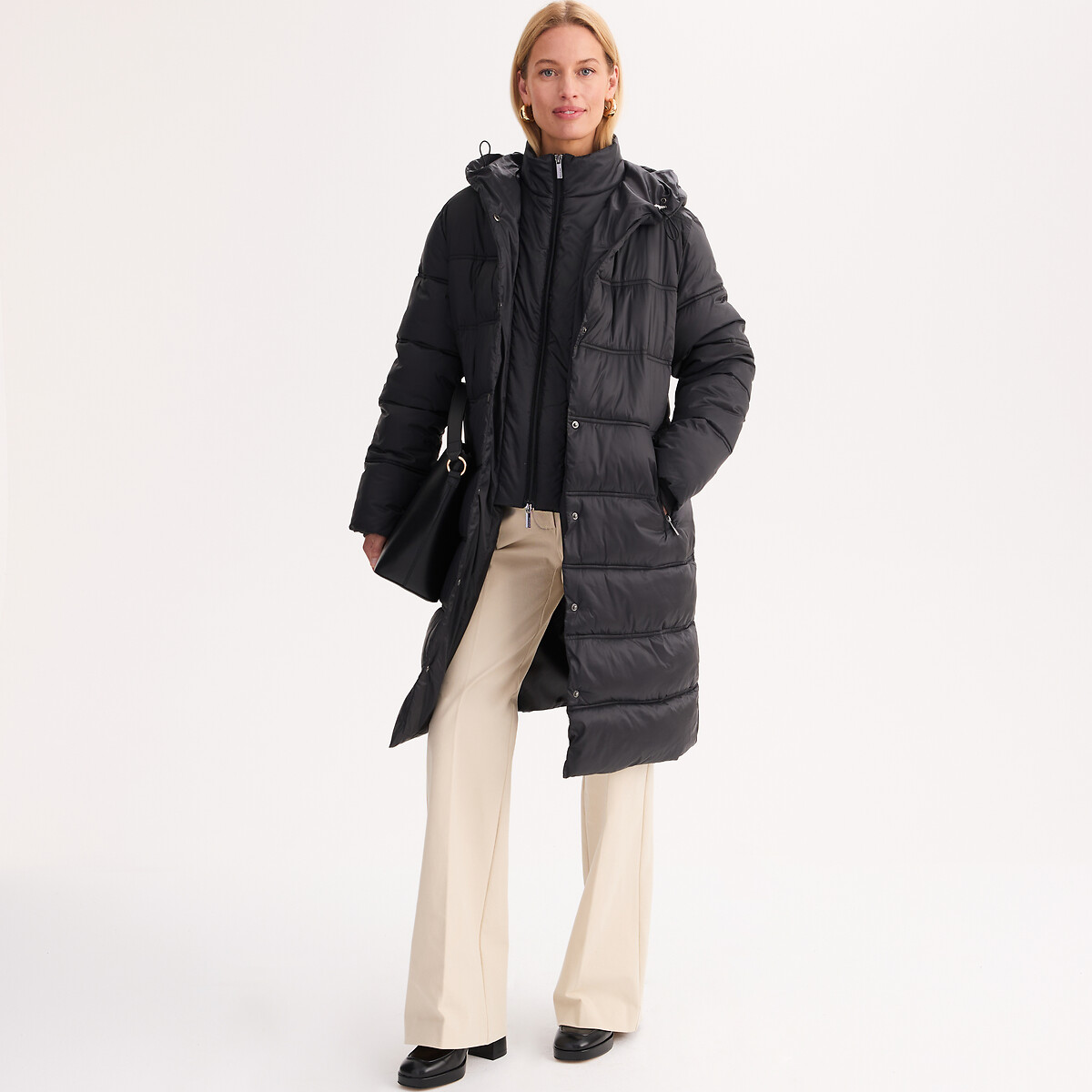Doudoune longue capuche fixe fermeture zippée, plein hiver noir, ANNE WEYBURN