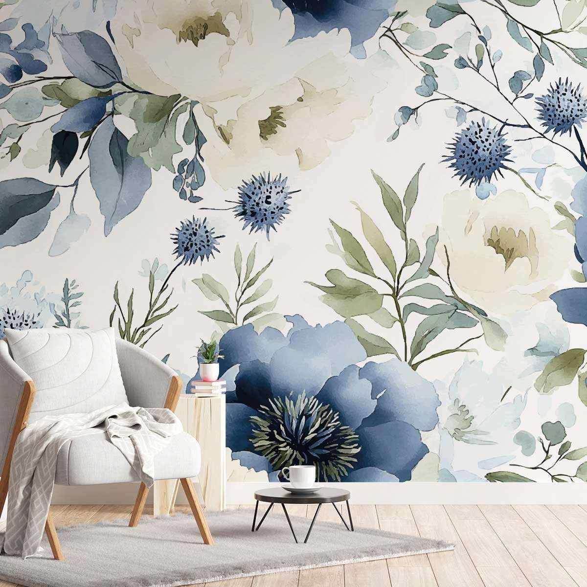 Papier peint panoramique Fleurs denim intissé, HEXOA