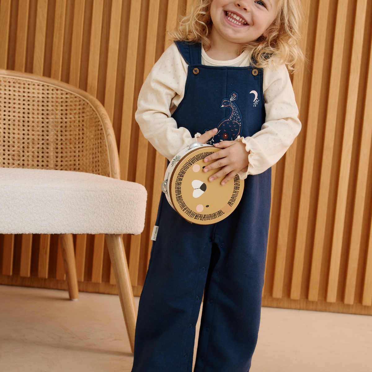 Ensemble salopette bébé en molleton et t-shirt en pointelle Ollie bleu, PETIT BEGUIN