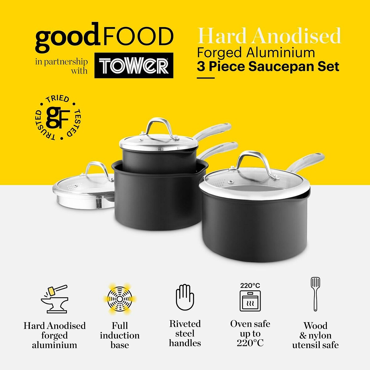 3-Piece Hard Anodized Saucepan Set black, GOOD FOOD BY TOWER