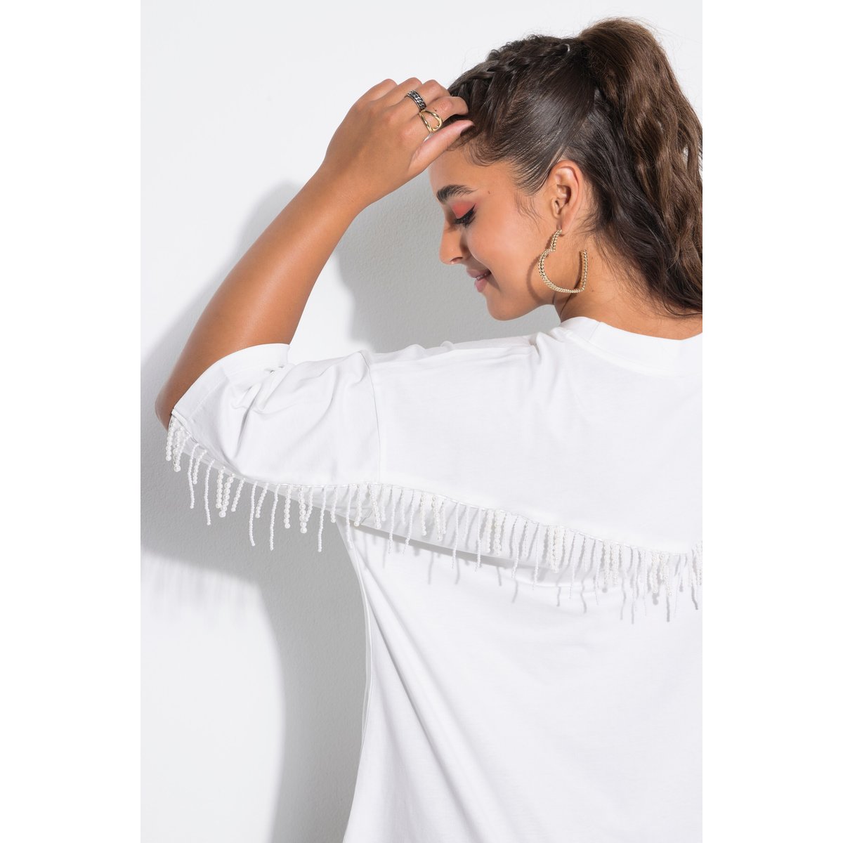 T-shirt oversize avec franges à perles blanc cassé, STUDIO UNTOLD