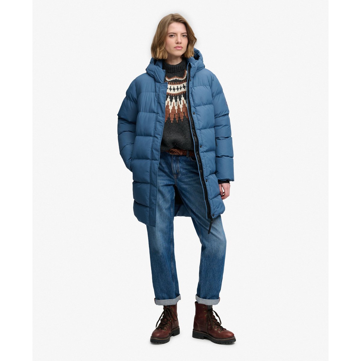 Doudoune Mi-longue à Capuche Sports bleu ardoise sec, SUPERDRY