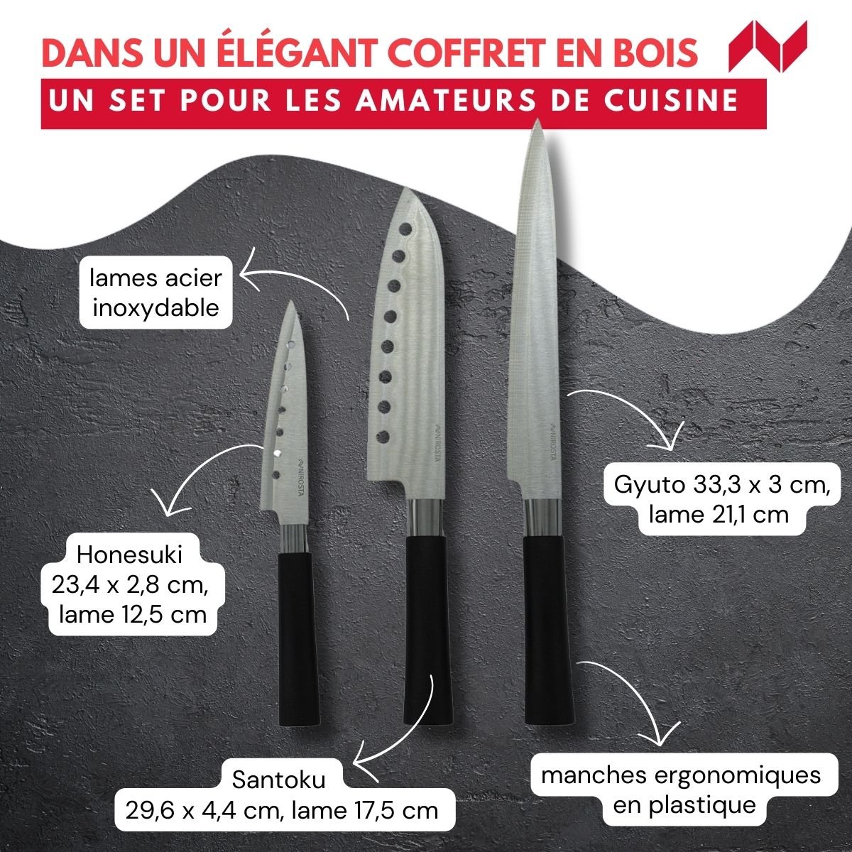 Coffret de 3 couteaux style Japonais Santoku, Gyuto et Honesuki gris,noir, FACKELMANN