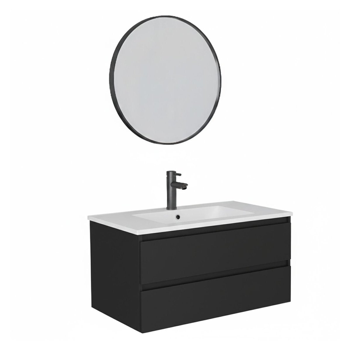 Meuble simple vasque 80cm décor chêne avec robinet et miroir SORRENTO noir satiné, MOB IN