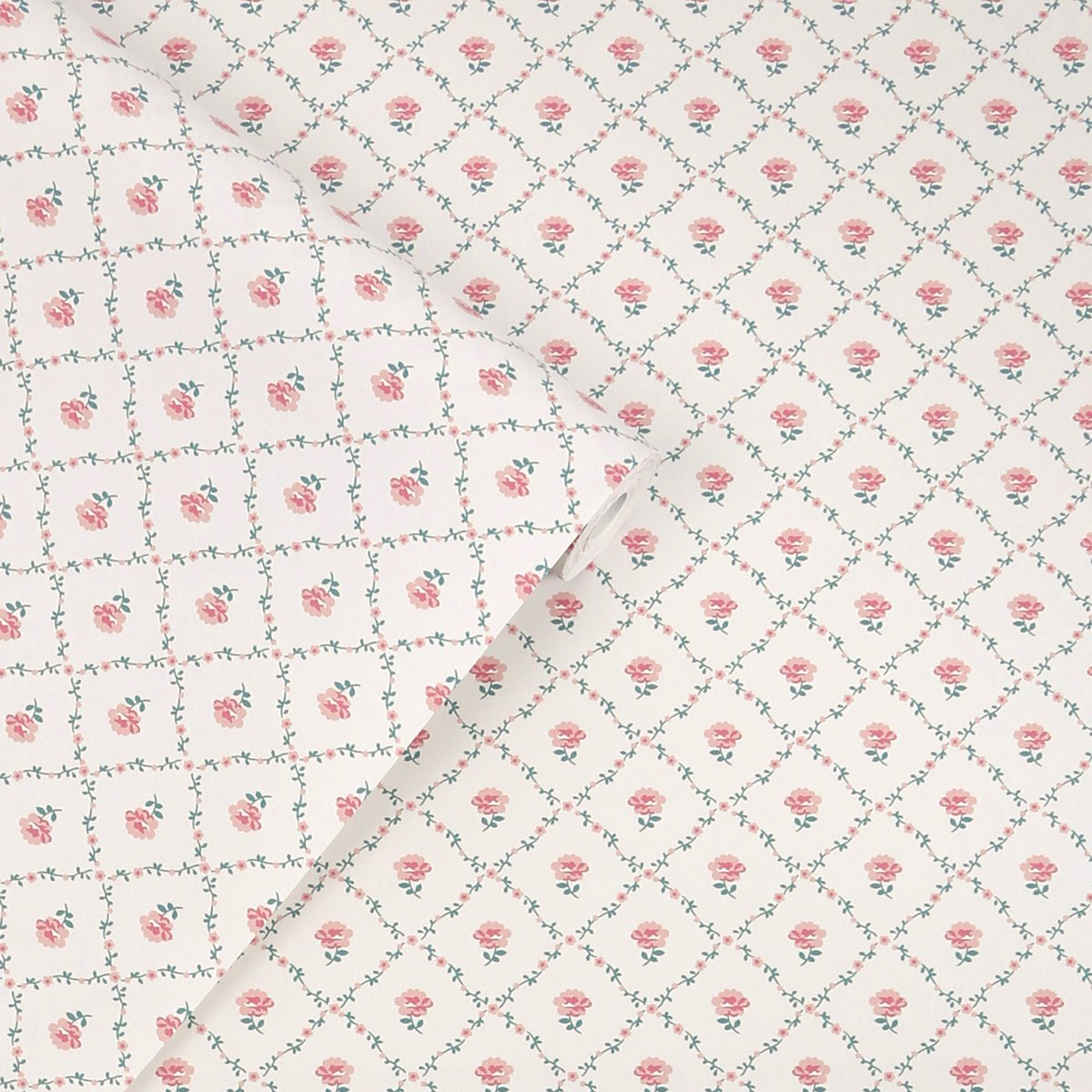 Papier peint fleurs en quadrillage Kate rose, vert, LAURA ASHLEY